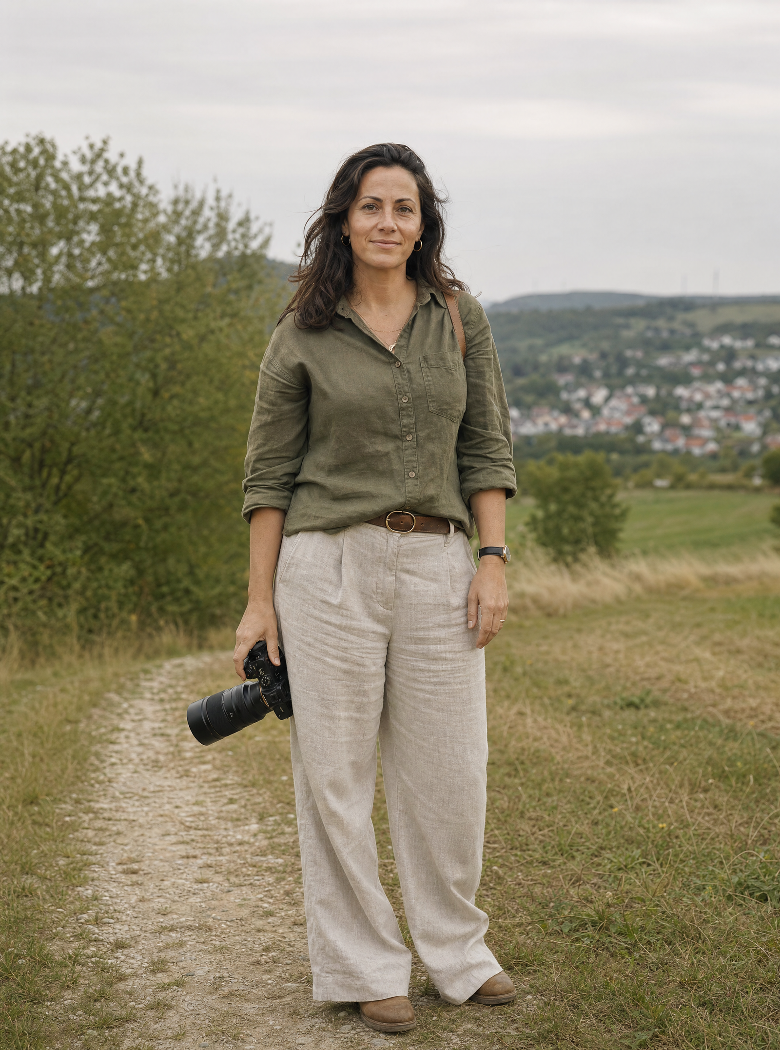 Fotografin mit Kamera auf einem ruhigen Weg