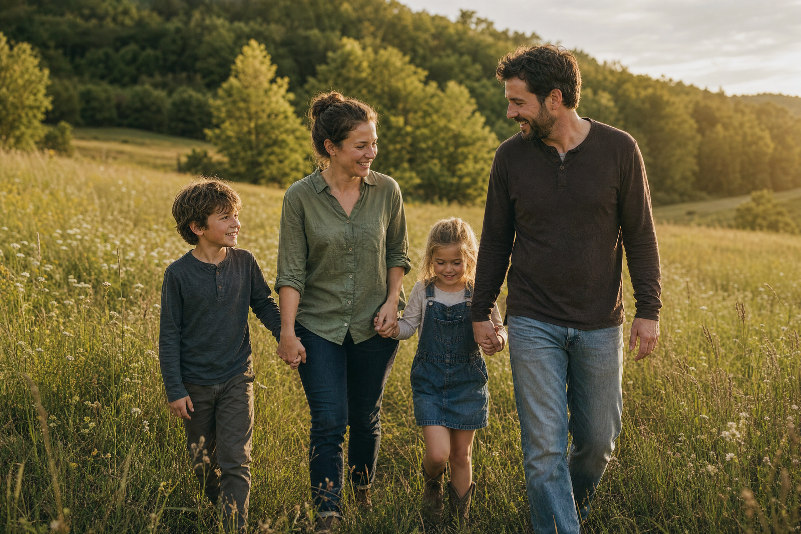 Familie gemeinsam auf einer Wiese
