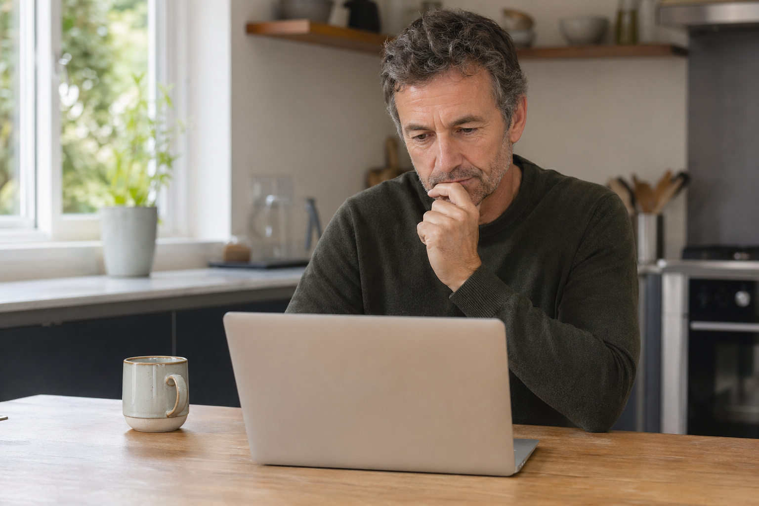 Person thoughtfully researching streaming service options on a laptop