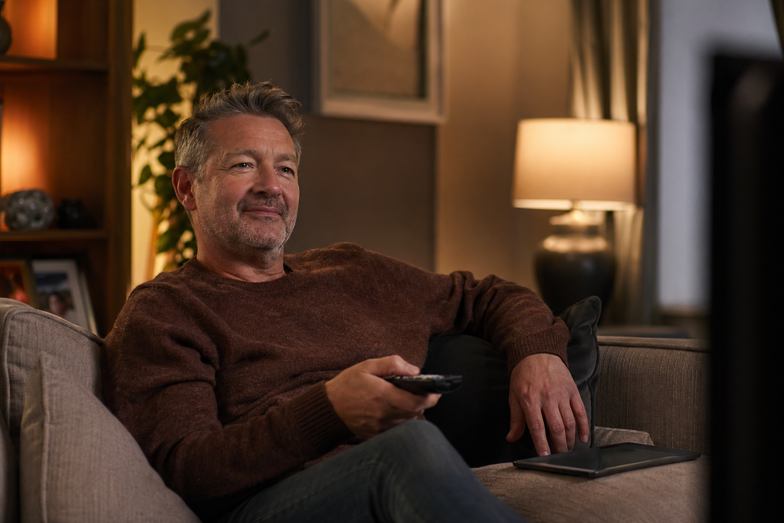 Person comfortably enjoying streaming on a smart TV at home, relaxed setting